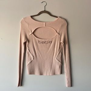 Bebe Swarovski Logo Ribbed Keyhole Long Sleeve Top